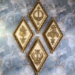 Vintage Homco Gold Hollywood Regency Wall Plaques Set 4 Diamond MCM Decor 1971